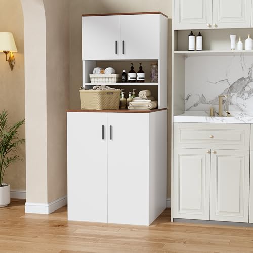 Waschmaschinenschrank mit 2 Türen Überbauschrank für Waschmaschine und Wäschetrockner mit Verstellbarer Ablage Waschmachinenregal Badezimmer Hochschrank mit groß Stauraum 68 x 68 x 170CM Walnuss+Weiß von MSFE