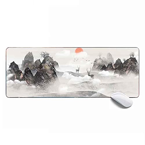 Großes Gaming-Mauspad für Frauen, Tinte, Malerei, Hirsch, Sonnenaufgang, Landschaft, verlängertes XL-Mauspad, Schreibtischunterlage, 80 x 30 x 0,3 cm von MSHAJ