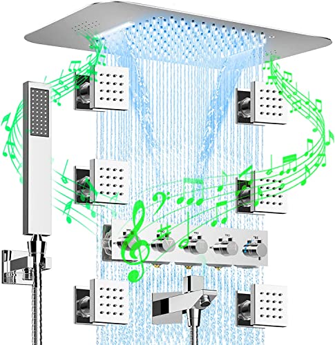 Musik Duschsystem Unterputz, 64 Farben LED Duschset mit 6 pcs Massage Seite Spray, Badezimmer Decke Montiert Duschkopf mit Bluetooth Smart Musical, Chrom Thermostat, Wasserfall Regendusche System von MSHENUED