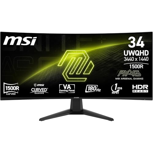 MSI MAG 346CQ 34-Zoll UWQHD Curved Gaming Monitor, 3440 x 1440, 1500R, VA, 180Hz, 1ms, HDR Ready, Eye Care, HDMI 2.0b, DP 1.4a, Frame-Less Design, Neigbar, Vesa kombatibel, Schwarz von MSI