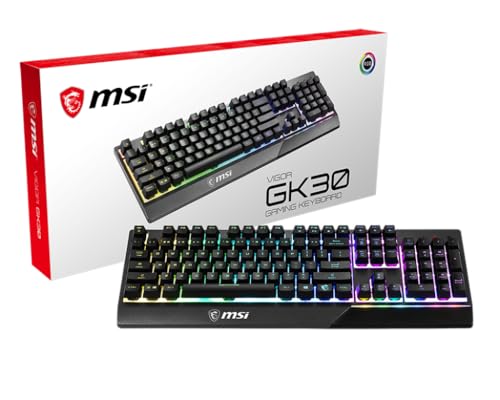 MSI Vigor GK30 Gaming-Tastatur (DE-Layout) QWERTZ - Mechanische Membran-Switches, wasserfest, RGB Mystic Light, Beleuchtungs- & Media-Hotkeys, rutschfeste Game Base, vergoldeter USB 2.0 - Full-Size von MSI