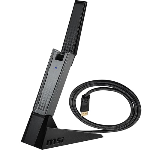 MSI AX1800 WiFi 6 Dual-Band USB Adapter - WLAN bis zu 1800 Mbit/s (5GHz, 2.4GHz Wireless), USB 3.2 Gen 1 Typ-A, MU-MIMO, einstellbare Antenne, Beamforming, WPA3 - Kabelgebundene Halterung inbegriffen von MSI