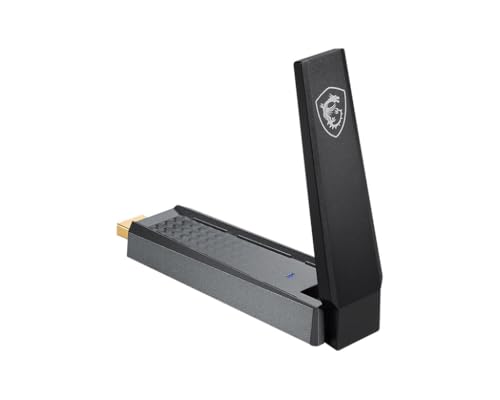 MSI AX1800 WiFi 6 Dual-Band USB Adapter - WLAN bis zu 1800 Mbit/s (5GHz, 2.4GHz Wireless), USB 3.2 Gen 1 Typ-A, MU-MIMO, einstellbare Antenne, Beamforming, WPA3 - Kabelgebundene Halterung inbegriffen von MSI