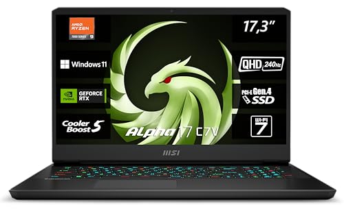 MSI Alpha 17 C7VG-031 , Gaming Laptop, 43,9 cm (17,3 Zoll) QHD, 240 Hz, AMD Ryzen 9 7945HX, 32 GB DDR5-5200, 1 TB GB SSD, NVIDIA GeForce RTX 4070, Windows 11 Home, QWERTZ Tastatur, Schwarz von MSI