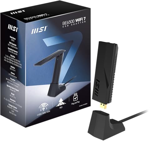 MSI BE6500 WiFi 7 USB Adapter - WLAN bis zu 2880 Mbit/s (6 GHz) + 2880 Mbit/s (5 GHz) + 688 Mbit/s (2,4 GHz), MU-MIMO, einstellbare Antenne - Kabelgebundene Halterung inbegriffen von MSI