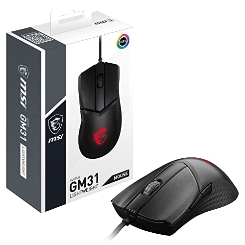 MSI Clutch GM31 Lightweight Gaming Maus - 12.000 DPI Optischer Sensor, Rechtshänder, 60M+ Click OMRON Schalter, 6 Tasten, FriXionFree Kabel, 1ms Latenz, RGB Mystic Light, 58g - Kabelgebunden, schwarz von MSI