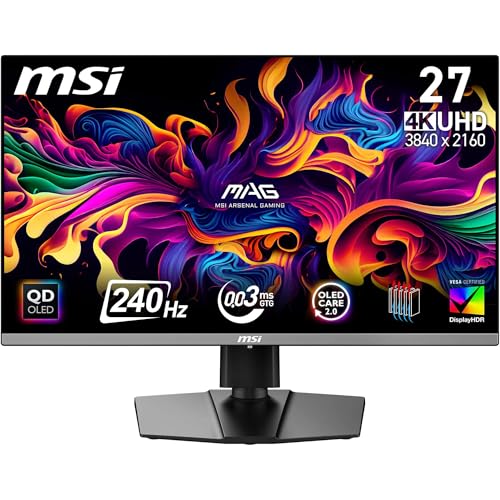 MSI MAG 272UP QD-OLED X24 27 Zoll Gaming Monitor – 4K UHD 3840x2160, Quantum Dot OLED, 240Hz, 0,03ms – DisplayHDR TRUE Black 400, AMD FreeSync Premium Pro, USB-C (15W PD) von MSI