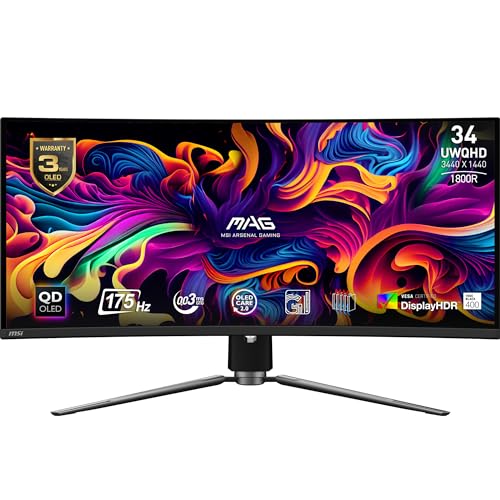 MSI MAG 341CQPDE QD-OLED 34" UWQHD Curved Gaming Monitor - 1800R, 3440 x 1440 Quantum Dot OLED Panel, 175Hz / 0.03ms, 99% DCI-P3, ΔE≤2, DisplayHDR True Black 400, KVM - DP 1.4a, HDMI 2.1 von MSI