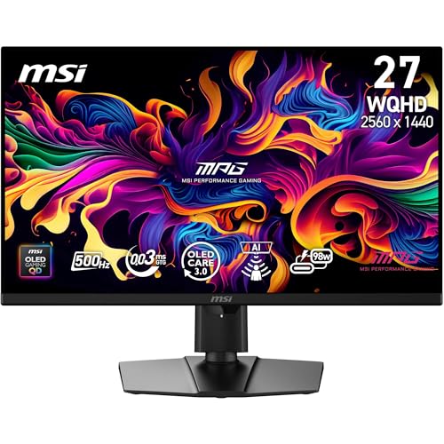 MSI MPG 271QR QD-OLED X50 Gaming Monitor 27 Zoll WQHD – Quantum Dot OLED 2560 x 1440, 500 Hz / 0,03 ms, DisplayHDR True Black 500, AI Care Sensor, HDMI 2.1, DP 2.1a, USB C (98 W PD), Schwarz von MSI