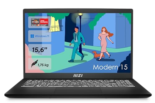 MSI Modern 15 Lifestyle & Business Laptop, 15,6 Zoll Full HD Display, AMD Ryzen 5 7530U Prozessor, 16 GB DDR4 RAM, 512GB SSD, AMD Radeon Graphics, Windows 11 Home, Schwarz, B7M-284 von MSI