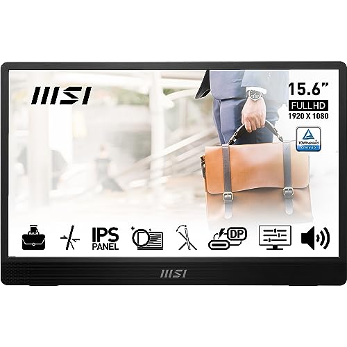 MSI PRO MP161 E2 Tragbarer Monitor 15,6 Zoll Full HD – IPS-Panel 1920 x 1080, 60 Hz, praktisch (PC, Laptop, Handy), Lautsprecher, verbesserter Rahmen & Ständer – Mini-HDMI 2.0b, 2 x USB Typ-C von MSI