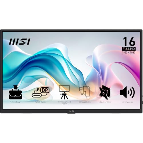 MSI Pro MP165 E6 Tragbarer Monitor 15,6 Zoll Full HD – IPS-Panel 1920 x 1080, 60 Hz, 4 ms, Lautsprecher und integriertes Mikrofon, HDMI 2.0b, USB Typ-C (PD 15 W), VESA-kompatibel, Schwarz von MSI