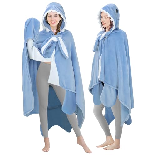 MSISILY Shark Blanket, Tragbare Decke mit Ärmeln und Kapuze, Flanell Kuscheldecke Flauschig, Hai Decke Geschenk für Frauen Damen Kinder von MSISILY