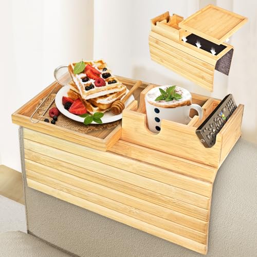 MSJGA Couch Armlehne Tablett Bambus Faltbar Sofa Tablett Abnehmbare Sofa Armlehne Tabletts mit Getränkehalter für Getränke, Tassen, Snacks, Telefon, Fernbedienung MSJGA Couch Armlehne Tablett Bambus Faltbar Sofa Tablett Abnehmbare Sofa Armlehne Tabletts mit Getränkehalter für Getränke, Tassen, Snacks, Telefon, Fernbedienung von MSJGA