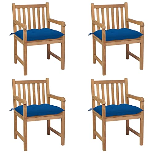 MSLAONXC Gartenstühle 4 STK. mit Blauen Kissen,Terrassenstuhl,Gartenmöbel Stühle,Freizeitstuhl,Sessel,Stühle für die Terrasse,Esszimmerstühle,Pool-Stühle,für Balkon,Terrasse,Garten,Massivholz Teak von MSLAONXC