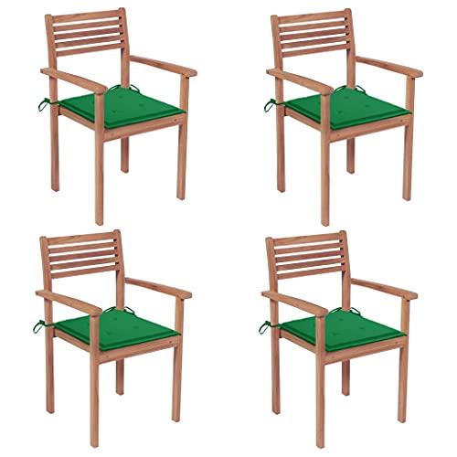 MSLAONXC Gartenstühle 4 STK. mit Grünen Kissen,Terrassenstuhl,Gartenmöbel Stühle,Freizeitstuhl,Sessel,Stühle für die Terrasse,Esszimmerstühle,Pool-Stühle,für Balkon,Terrasse,Garten, Massivholz Teak von MSLAONXC