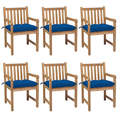 MSLAONXC Gartenstühle 6 STK. mit Blauen Kissen,Terrassenstuhl,Gartenmöbel Stühle,Freizeitstuhl,Sessel,Stühle für die Terrasse,Esszimmerstühle,Pool-Stühle,für Balkon,Terrasse,Garten, Massivholz Teak von MSLAONXC
