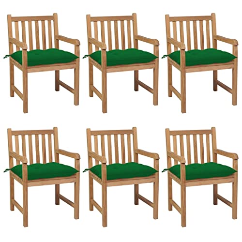 MSLAONXC Gartenstühle 6 STK. mit Grünen Kissen,Terrassenstuhl,Gartenmöbel Stühle,Freizeitstuhl,Sessel,Stühle für die Terrasse,Esszimmerstühle,Pool-Stühle,für Balkon,Terrasse,Garten, Massivholz Teak von MSLAONXC