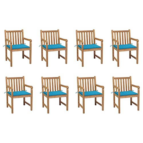 MSLAONXC Gartenstühle 8 STK. mit Blauen Kissen,Terrassenstuhl,Sessel,Balkonsessel,Freizeitstuhl,Camping Stühle,Stühle für die Terrasse,Outdoor-Möbel,Party-Stühle,für Garten,Rasen,Pool,Massivholz Teak von MSLAONXC