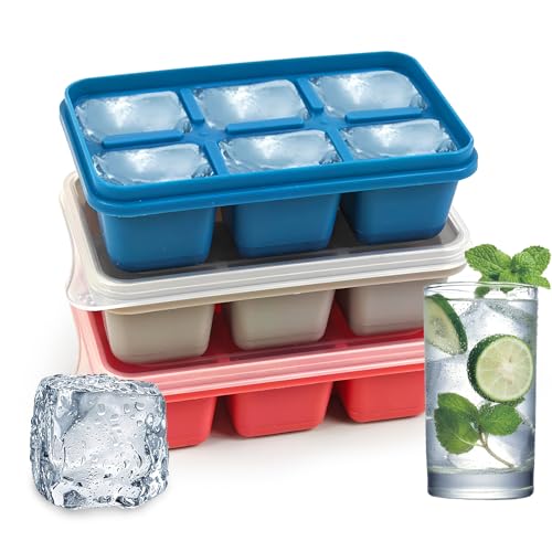 MSLHUB Eiswürfelform Silikon, 3 Stück Eiswürfelbehälter Silikon mit Deckel, 6-Fach Quadratische Eiswürfel Formen Bpa Frei, Ice Cube Tray für Cocktails Whiskey Bier Getränke (3 Farbe) von MSLHUB