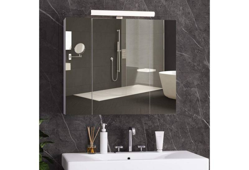 MSMASK Badezimmerspiegelschrank mit LED Beleuchtung, Steckdose und lichtschalter 70x15x60cm(BxTxH) (Ohne Matratze) Badezimmer spiegelschrank mit 3 Türen,Spiegel,Hängeschrank von MSMASK