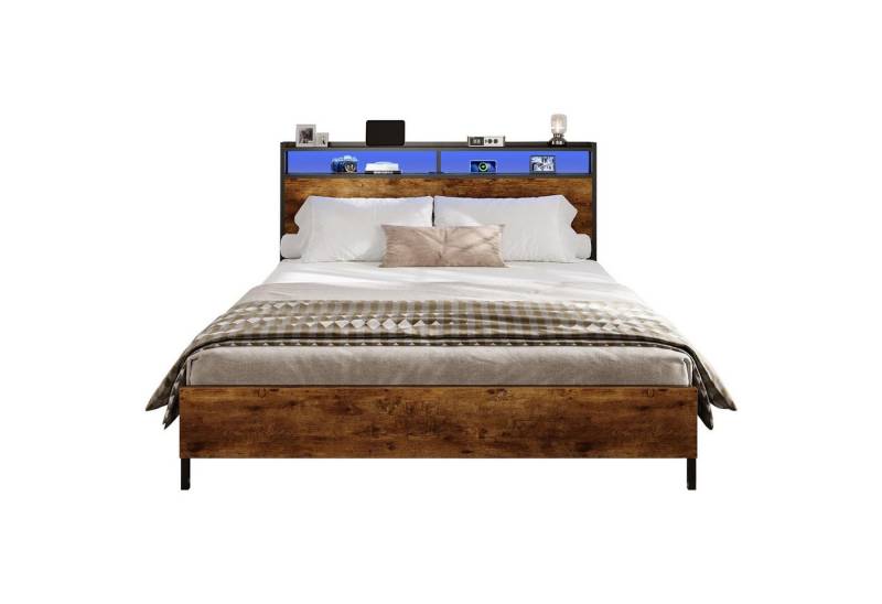 MSMASK Bett Bett mit LED Beleuchtung, Metallbett mit Steckdose, Braun, mit USB-Ladefunktion von MSMASK