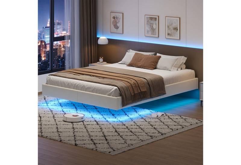 MSMASK Bett mit LED Beleuchtung Schwebender Polsterbett, 140 x 200 cm, PU Beige von MSMASK
