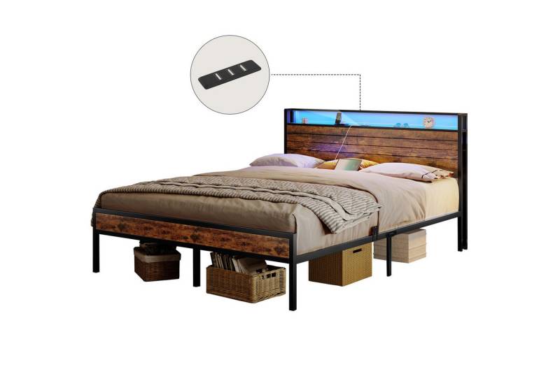 MSMASK Bettgestell Vintage Braun Metallbett mit 3 USB-Anschlüssen und LED Beleuchtung (1-tlg., Ohne Matratze), 140 x 200 cm von MSMASK