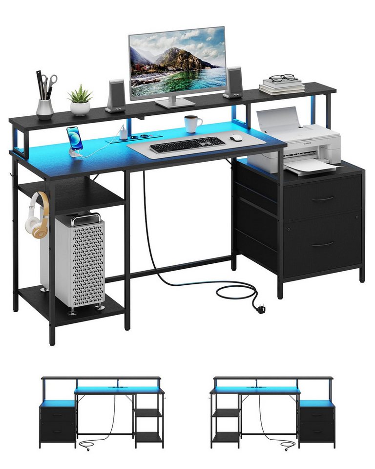 MSMASK Computertisch Bürotisch mit Led und Steckdose, Schreibtisch mit 2 Schubladen (1-St), mit Druckerregal und Monitorständer, Verstellbare Ablagen, 163*89*46cm von MSMASK