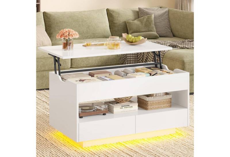 MSMASK Couchtisch Höhenverstellbar, mit LED-Beleuchtung, Kaffeetisch mit 2 Schubladen, Weiß von MSMASK