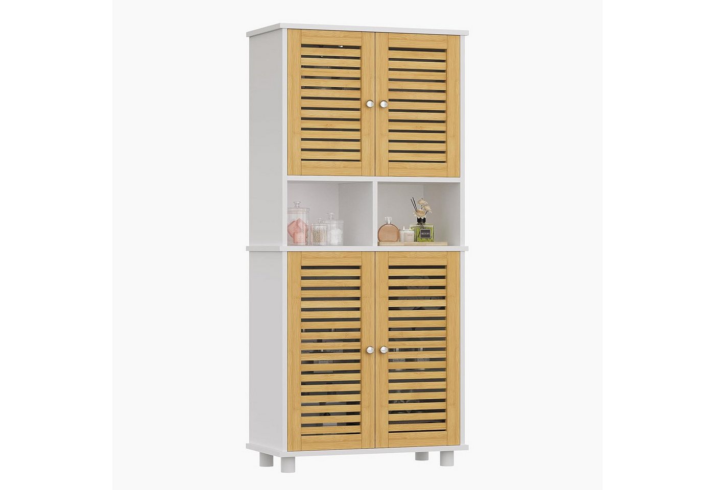MSMASK Hochschrank Badezimmerschrank mit 4 Bambustüren und 3 offenen Fächern (1-St) 60x30x128 cm, Weiß von MSMASK