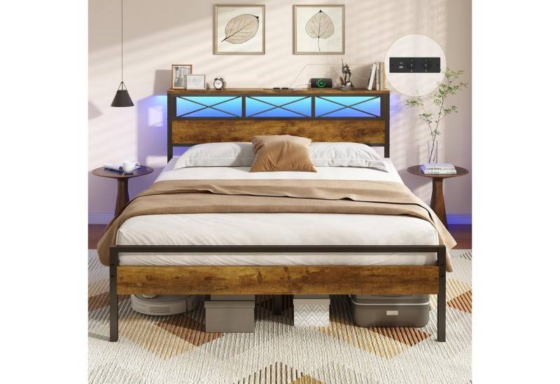 MSMASK Metallbett Bettgestell mit LED Beleuchtung und Steckdose USB-Anschlüsse (Ohne Matratze), Jugendbett, Doppelbett 140 x 200 cm von MSMASK