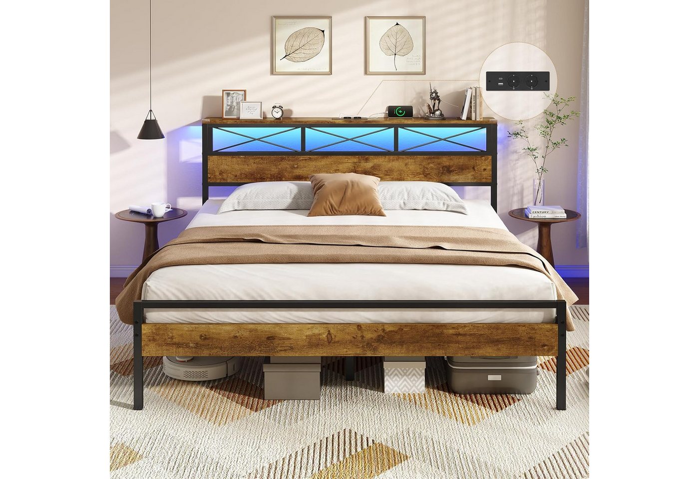 MSMASK Metallbett Bettgestell mit LED Beleuchtung und Steckdose USB-Anschlüsse (Ohne Matratze), Jugendbett, Doppelbett 160 x 200 cm von MSMASK