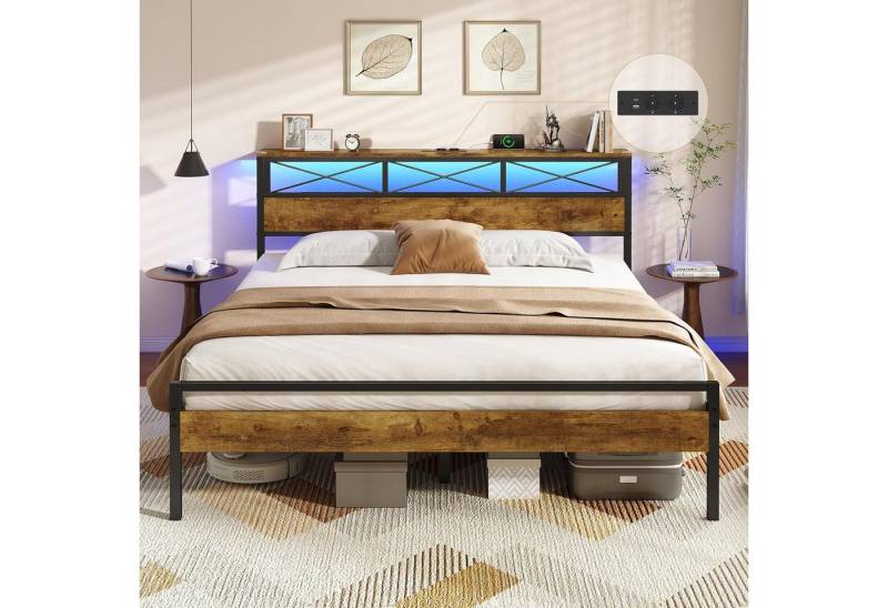 MSMASK Metallbett Bettgestell mit LED Beleuchtung und Steckdose USB-Anschlüsse (Ohne Matratze), Jugendbett, Doppelbett 160 x 200 cm von MSMASK