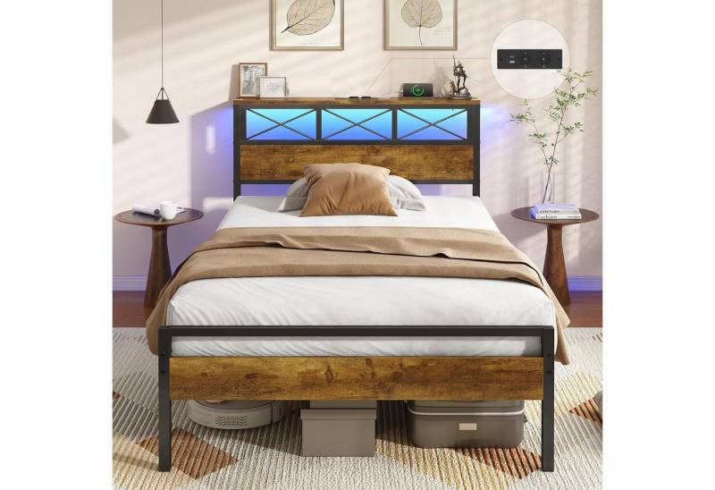 MSMASK Metallbett Bettgestell mit LED Beleuchtung und Steckdose USB-Anschlüsse (Ohne Matratze), Kinderbett Jugendbett Einzelbett, 90 x 200 cm von MSMASK