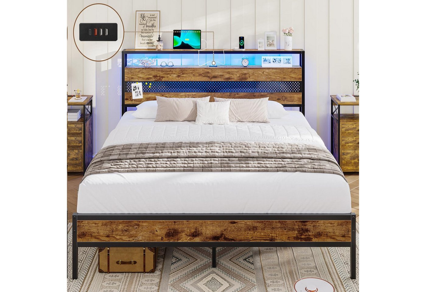 MSMASK Metallbett Bettgestell mit Steckdose und USB-Ladefunktion (Ohne Matratze), Jugendbett, 140x200 cm von MSMASK