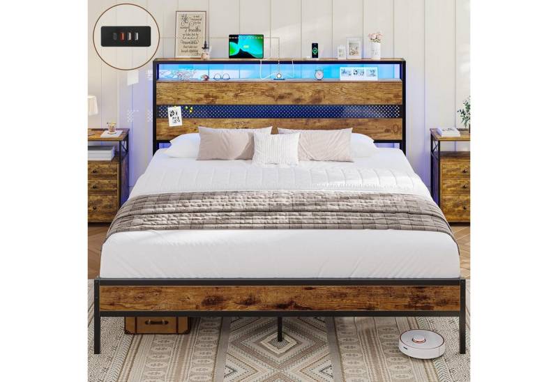 MSMASK Metallbett Bettgestell mit Steckdose und USB-Ladefunktion (Ohne Matratze), Jugendbett, Doppelbett, 160x200 cm von MSMASK