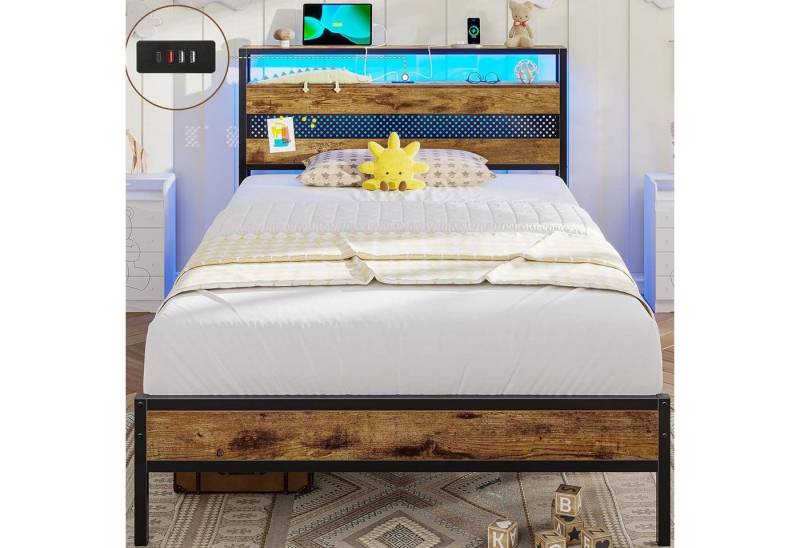 MSMASK Metallbett Bettgestell mit Steckdose und USB-Ladefunktion (Ohne Matratze), Kinderbett, Jugendbett, Einzelbett, 90x200 cm von MSMASK