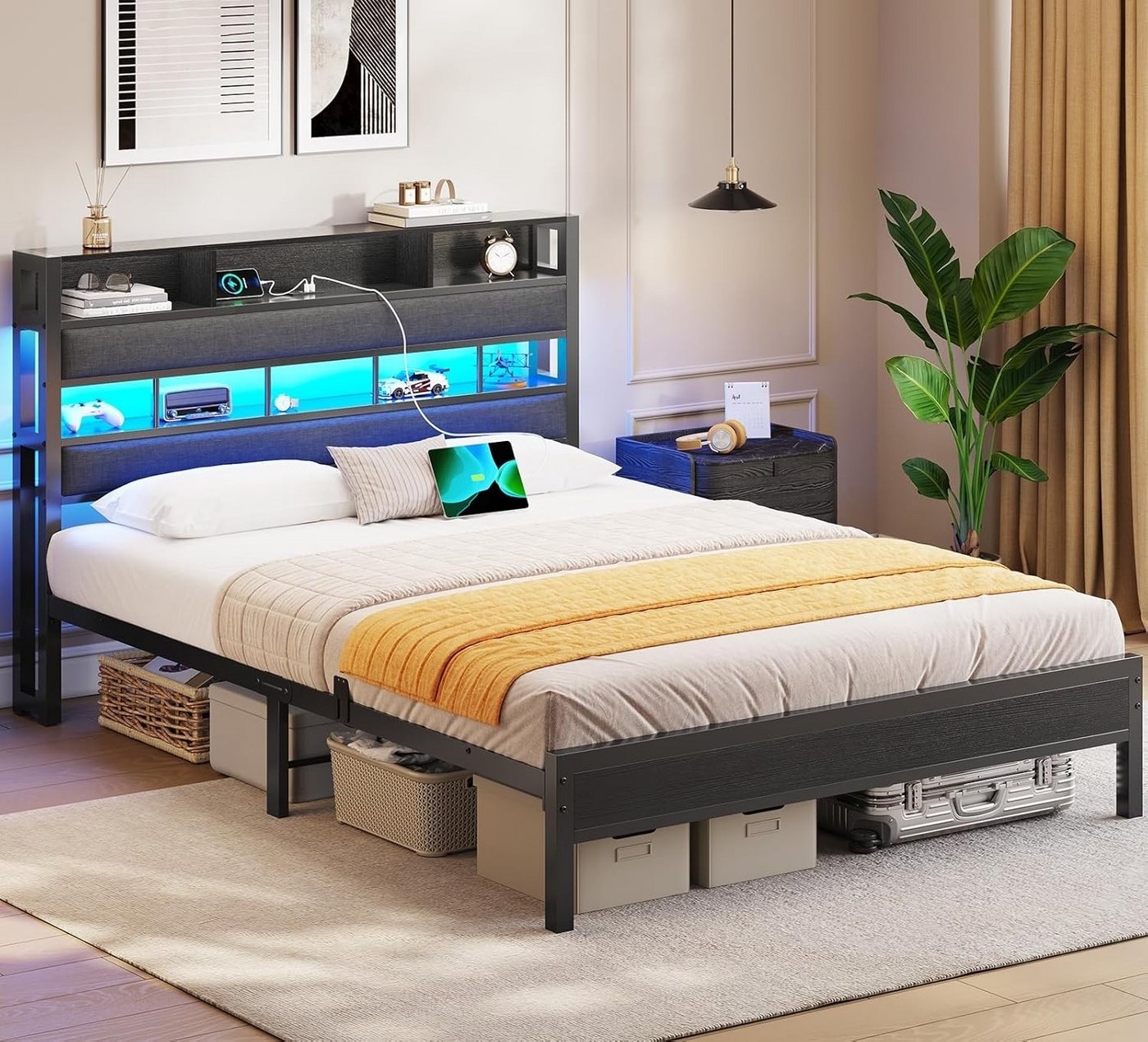 MSMASK Metallbett mit LED Beleuchtung & Ladestation, Kinderbett Jugendbett (1-tlg., Ohne Matratze), Bettgestell 140x200cm von MSMASK