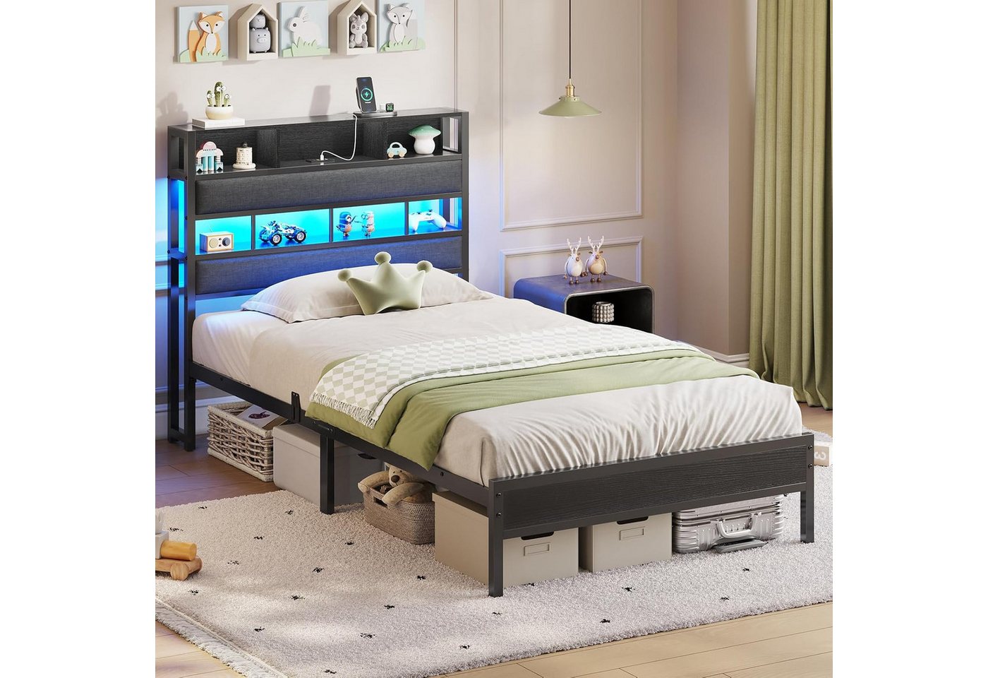 MSMASK Metallbett mit LED Beleuchtung & Ladestation, Kinderbett Jugendbett (1-tlg., Ohne Matratze), Bettgestell 90x200cm von MSMASK