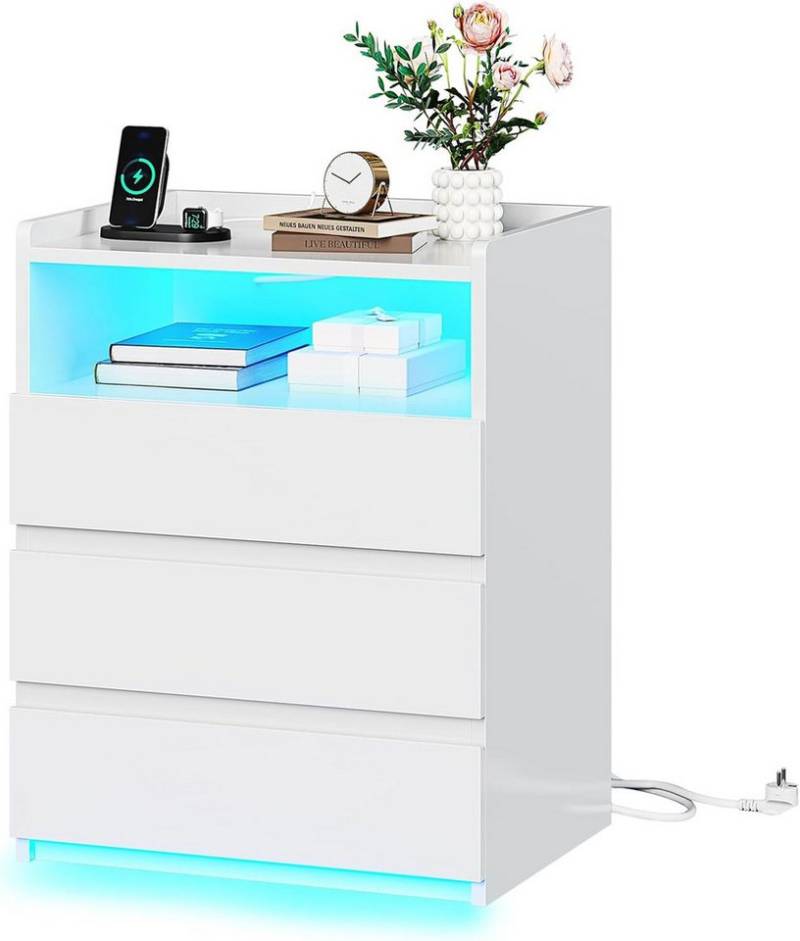 MSMASK Nachttisch mit 3 Schubladen, Steckdosenleiste und LED-Beleuchtung (1-St), Nachtschrank, Beistelltisch, 40x35x60cm von MSMASK