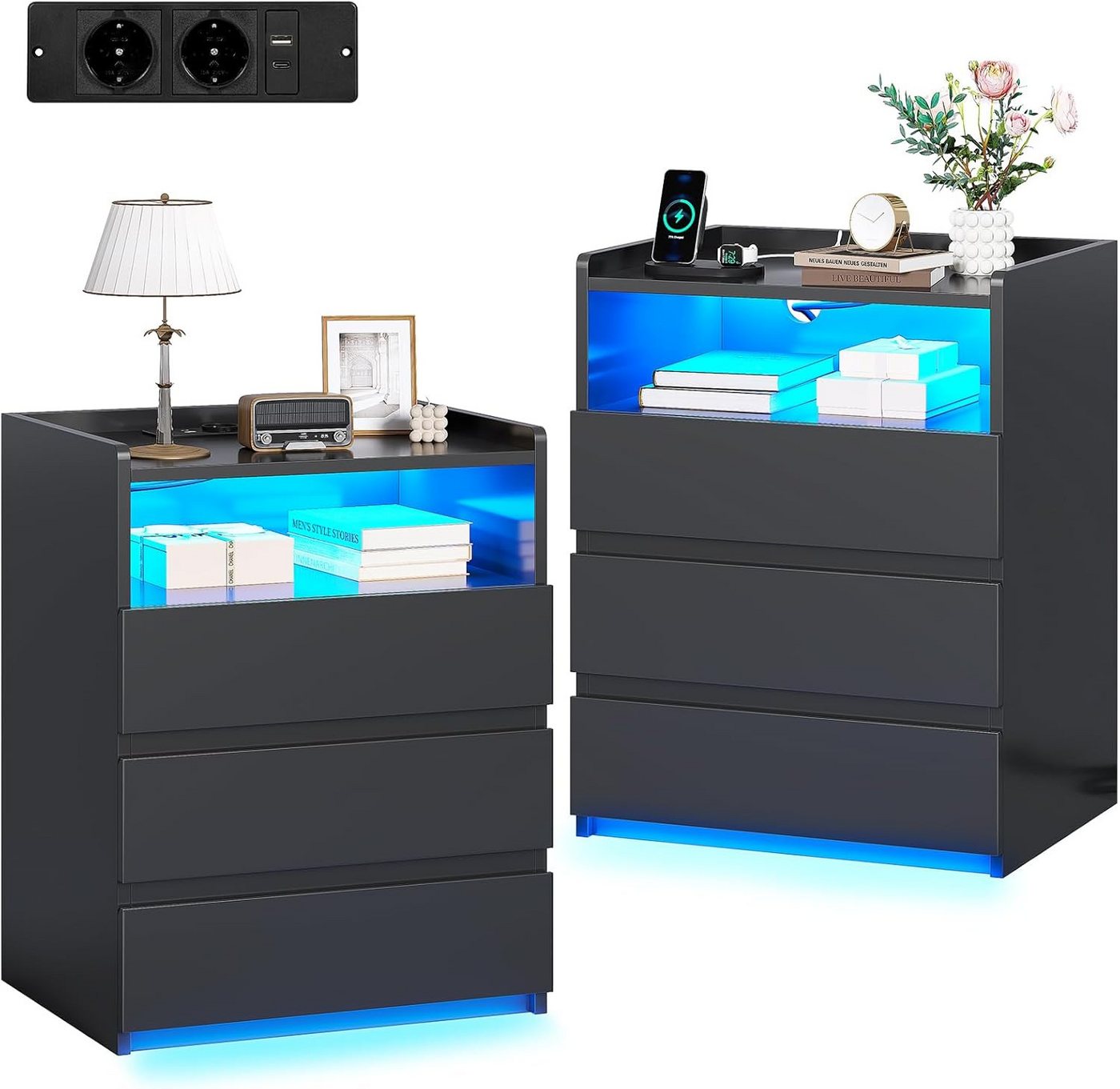 MSMASK Nachttisch mit 3 Schubladen, Steckdosenleiste und LED-Beleuchtung (2-St), Nachtschrank, Beistelltisch, 40x35x60cm von MSMASK