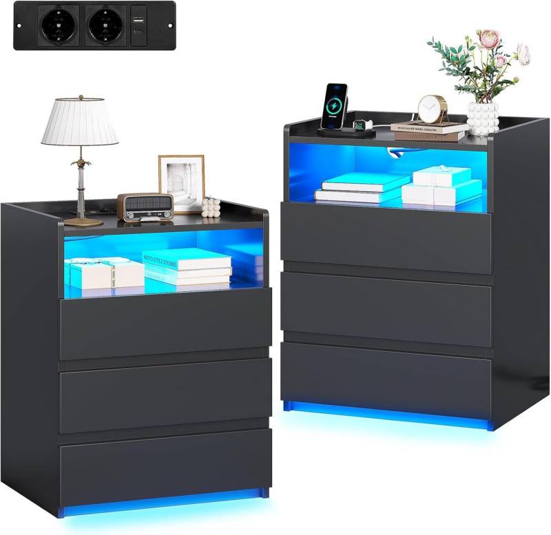 MSMASK Nachttisch mit 3 Schubladen, Steckdosenleiste und LED-Beleuchtung (2-St), Nachtschrank, Beistelltisch, 40x35x60cm von MSMASK