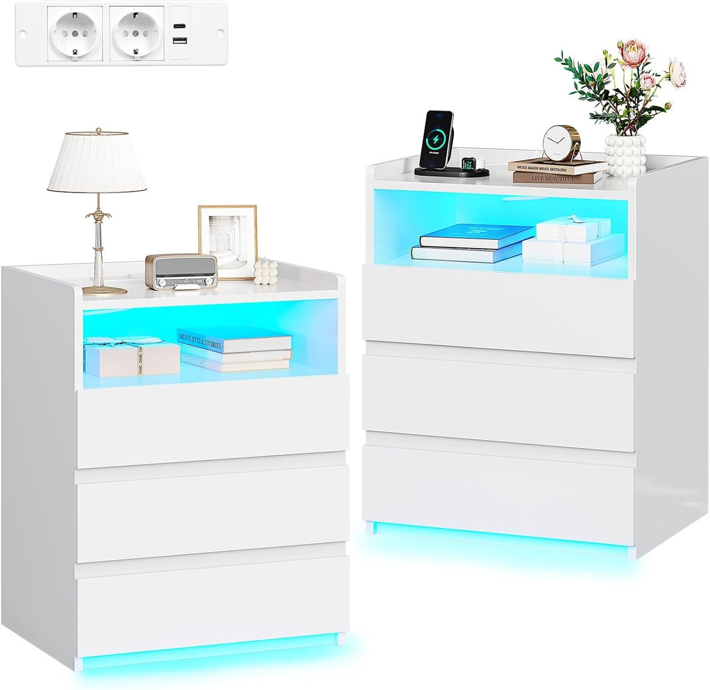 MSMASK Nachttisch mit 3 Schubladen, Steckdosenleiste und LED-Beleuchtung (2-St), Nachtschrank, Beistelltisch, 40x35x60cm von MSMASK