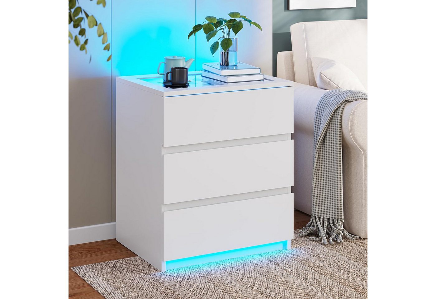 MSMASK Nachttisch mit LED-Beleuchtung, 3 Schubladen (1-St), Weiß von MSMASK