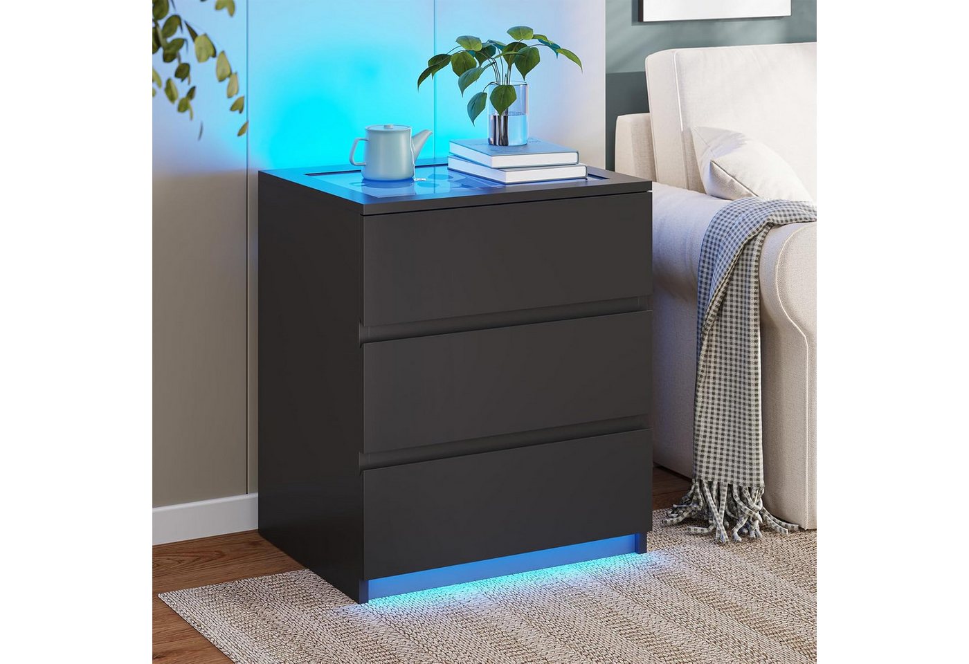 MSMASK Nachttisch mit LED-Beleuchtung, 3 Schubladen (2-St), Schwarz von MSMASK