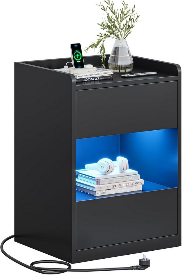MSMASK Nachttisch mit LED-Beleuchtung und Ladestation, 40x35x60cm (1-St), Nachtschrank mit viel Stauraum von MSMASK