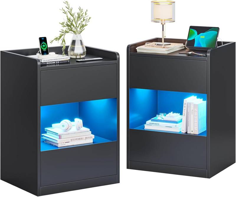 MSMASK Nachttisch mit LED-Beleuchtung und Ladestation, 40x35x60cm (2-St), Nachtschrank mit viel Stauraum von MSMASK