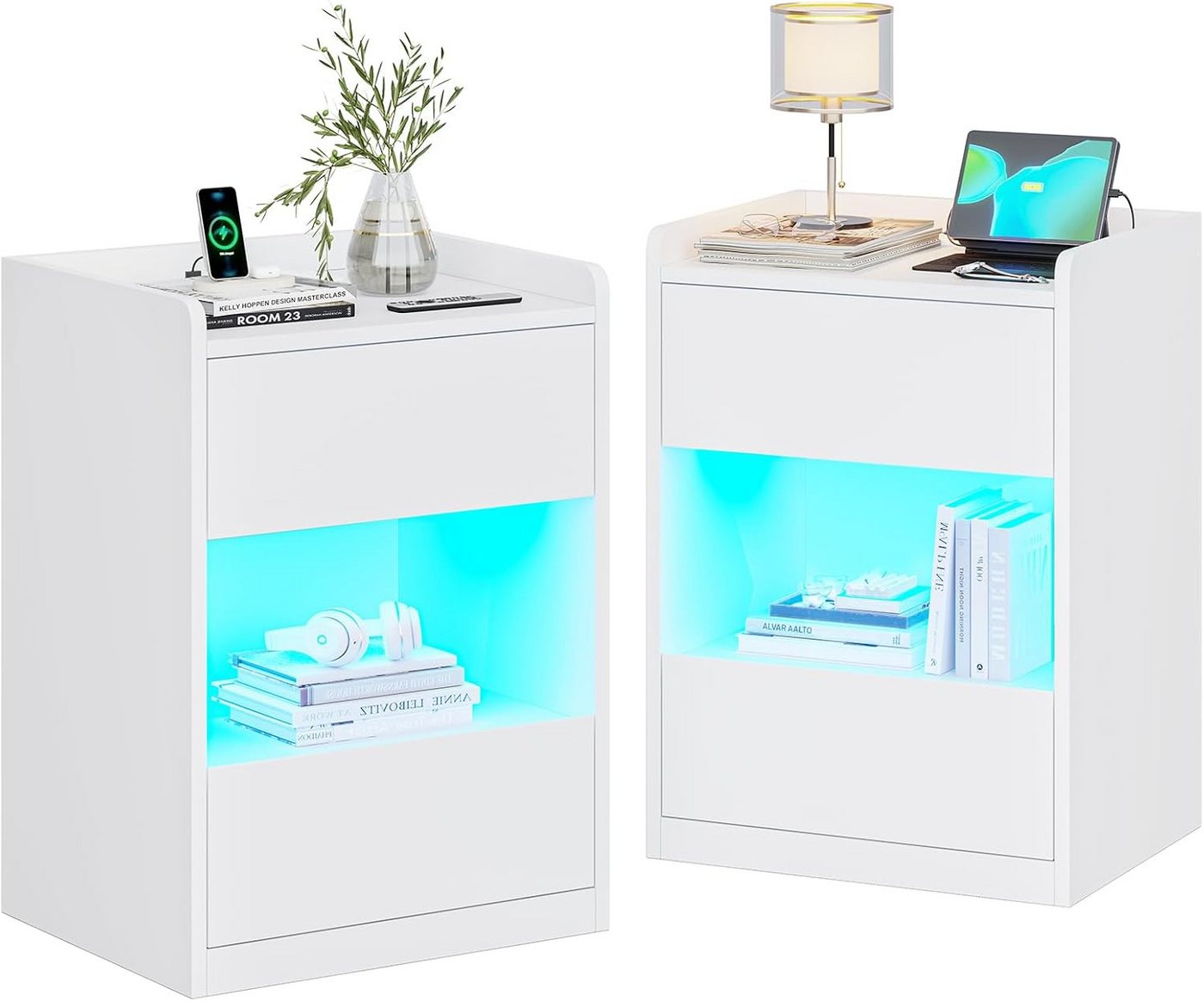 MSMASK Nachttisch mit LED-Beleuchtung und Ladestation, 40x35x60cm (2-St), Nachtschrank mit viel Stauraum von MSMASK