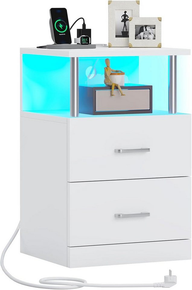 MSMASK Nachttisch mit Ladestation und LED-Leuchten, Beistelltisch mit offener Speicher (1-St), 2-Schubladen, 2 AC-Steckdosen, 2 USB-Anschlüsse von MSMASK